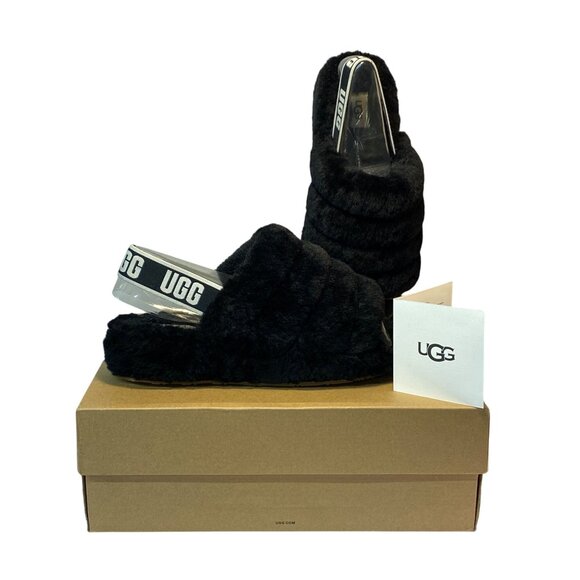 UGG Womens Fluff Yeah Slide Slippers Size 10 Black Slingback Comfy Shoes Plush - Picture 1 of 9